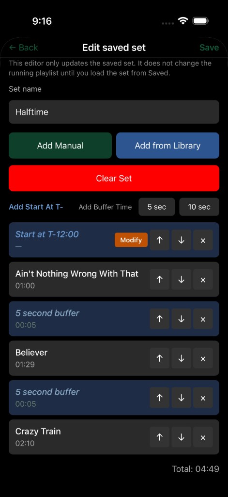 Cue Band set editor showing halftime setlist with buffers and timing