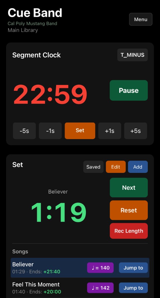 Cue Band app showing segment clock, setlist, and song timing