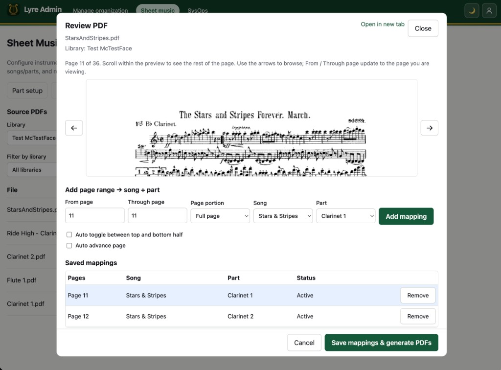 Lyre Admin web portal showing sheet music upload and part mapping